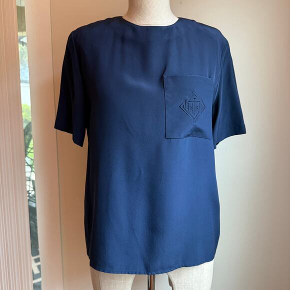 Talbots Petites Silk Blouse – Navy Blue Short Sleeve Size 6 - Picture 1 of 6